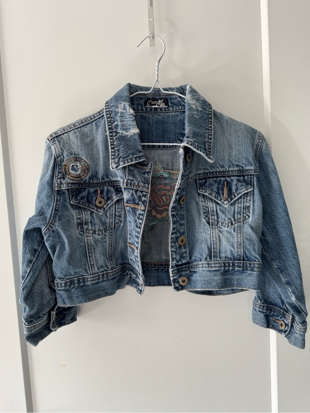 Y2K Cropped Denim Jacket Floral Bird Embroidery Distressed Size S